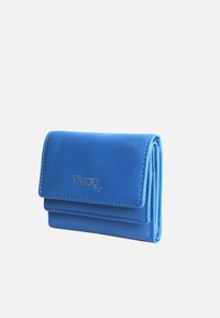 Blue leather wallet with fold-over flap, featuring a gold embossed logo. Smooth texture, compact design, and neat stitching along edges.