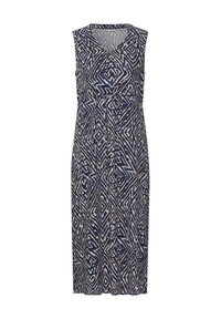 Sleeveless dress made of a lightweight fabric featuring a blue and beige geometric pattern, with a V-neckline and gathered waist.