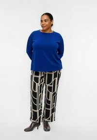 Blauw langemouwtop met een ronde hals, gecombineerd met zwart en crème gestreepte wijde broek. Bruine enkellaarsjes maken de outfit compleet.