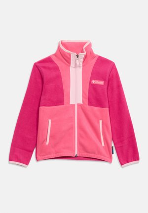 Veste polaire enfant zippée intégrale en deux nuances de rose avec col montant, poches latérales et logo Columbia sur la poitrine.