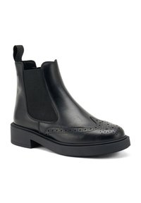 Stivali Chelsea in pelle nera con pannelli laterali elasticizzati, design della punta perforata e suola nera spessa. Texture liscia in tutto il corpo.