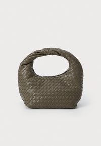 Woven olive green handbag with a rounded top handle, featuring a zip closure and a textured surface. Compact design with distinctive braiding.
