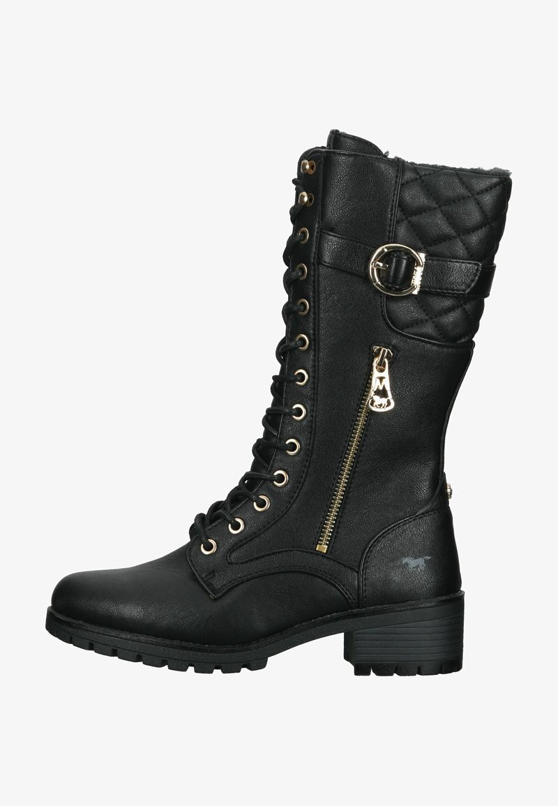Bottes noires montantes à lacets en simili cuir, dotées d'un panneau matelassé, d'accents dorés et d'une fermeture éclair latérale pour un accès facile.