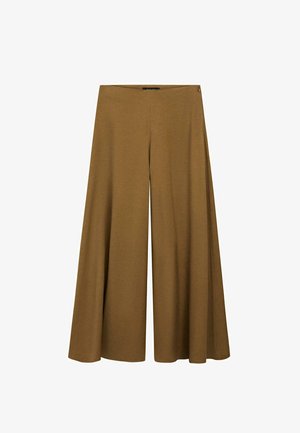 Pantalon à jambes larges marron avec une taille haute et un tissu lisse, doté d'une fermeture éclair latérale cachée.