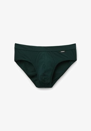 Dark green men's brief made of soft fabric, featuring a snug fit, contrasting waistband, and an ergonomic front pouch for comfort.