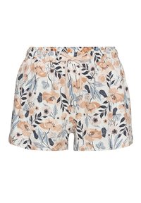 Floral-patterned shorts featuring a white background, orange and navy flowers, an elastic waistband, and a drawstring detail.