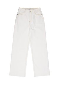 Άσπρο τζιν παντελόνι από ντίνιμ με ψηλή μέση, φαρδιά κοπή στα πόδια και ξεφτισμένο τελείωμα. Διαθέτει αντίθετες ραφές και μεταλλικά στοιχεία.