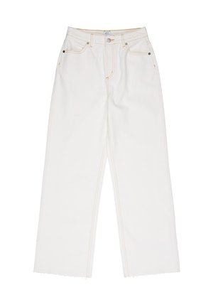 Jeans bianchi in denim con vita alta, taglio a gamba larga e orlo sfrangiato. Presentano cuciture a contrasto e dettagli in metallo.