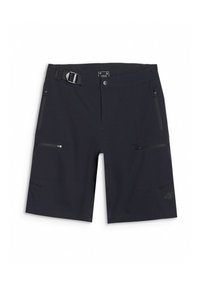 Short noir d'extérieur avec boucle latérale réglable, bouton à l'avant et plusieurs poches zippées sur chaque jambe.