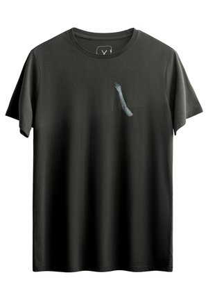 T-shirt noir en coton avec un graphique subtil d'un bras sur le devant. Manches courtes et col rond. Texture douce.