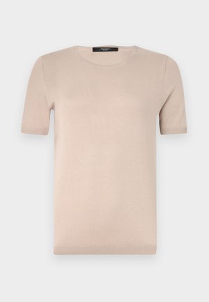 Beige kortærmet striktop med rund udskæring, der har en glat overflade og ribbede kanter. Simpelt, klassisk design der er ideelt til lagdeling.