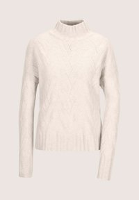 Cremefarbener gestrickter Pullover mit hohem geripptem Kragen, langen Ärmeln und einem strukturierten geometrischen Muster in der gesamten Fläche.