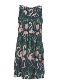 Sukienka bez rękawów w ciemnozielonym kolorze z nadrukiem flamingów w odcieniu różowym, plisowany krój i luźny fason.