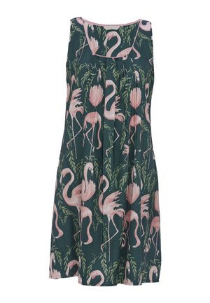 Sukienka bez rękawów w ciemnozielonym kolorze z nadrukiem flamingów w odcieniu różowym, plisowany krój i luźny fason.