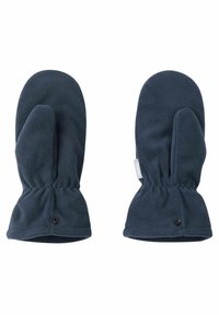Fleece-Handschuhe in dunkelblau mit abgerundeten Spitzen, elastischen Bündchen und einem kleinen Etikett an der Seite zur einfachen Identifikation. Weiche Textur.
