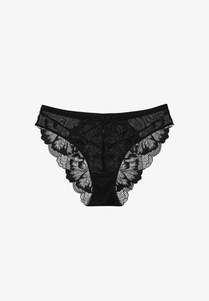 Czarne koronkowe majtki z falbankami. Miękki kwiatowy wzór, przezroczyste sekcje siateczki oraz wygodny elastyczny pas.