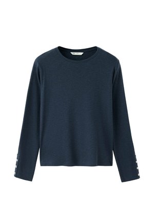Navy blue long-sleeve shirt with round neckline and decorative buttons on the cuffs, shown on a white background.