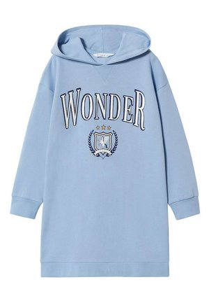 Světle modré mikinové šaty s potiskem nápisu „WONDER“, ozdobným znakem s ptákem a žebrovanými manžetami a lemem.