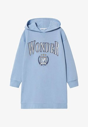 Robe à capuche bleu clair avec le texte imprimé "WONDER", un écusson décoratif avec un oiseau, et des poignets et un ourlet côtelés.