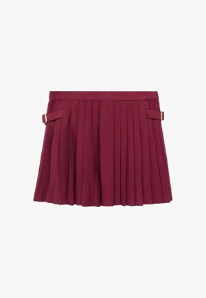 Jupe plissée bordeaux avec une ceinture plate, ornée de boucles latérales et d'une texture lisse, conçue avec des plis verticaux pour un bon fluide.