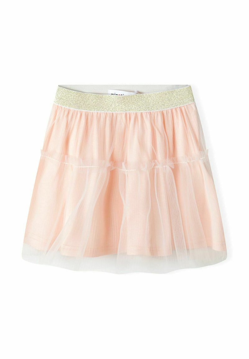 Pettiskirt v svetloružovom tylu s viacvrstvovými volánmi. Obsahuje elastický pás v metalickej zlatej farbe. Ľahký a jemný materiál.