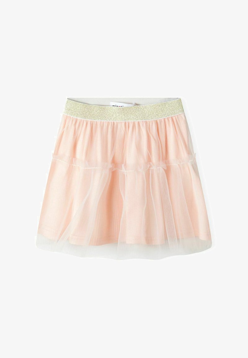 Gonnellina in tulle rosa chiaro con rouches sovrapposti. Presenta una vita elastica in lamè dorato. Tessuto leggero e morbido.
