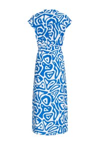 Blaue und weiße gemusterte Kleid mit kurzen Ärmeln, tailliertem Schnitt und einer langen, fließenden Silhouette. Abstrakte organische Formen durch den Stoff.