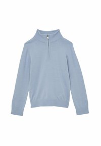 Világoskék pulóver magas gallérral és fél zipzárral. Puha, könnyű anyagból készült. Hosszú ujjú és testhezálló szegéllyel rendelkezik.