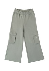 Jasnoszare spodnie cargo wykonane z miękkiego materiału, z elastycznym pasem, dwoma bocznymi kieszeniami i nadrukiem na prawej kieszeni.