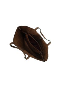 Bruine suède totebag met twee schouderbanden, ruime binnenkant en een ritsvak. Zachte textuur met een gladde voering.