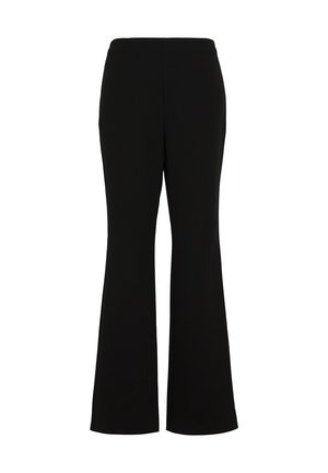 Schwarze ausgestellte Hosen mit einer glatten Textur und elastischem Bund. Einfaches Design, keine Taschen oder sichtbaren Verschlüsse. Saubere und moderne Silhouette.