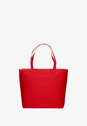 Red tote bag with two handle straps, made of durable fabric. Rectangular shape with a zip closure at the top. Smooth texture, solid color.