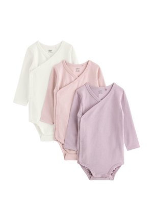 Three long-sleeve baby bodysuits in white, pale pink, and lavender with wrap-style front and snap closures at the bottom.