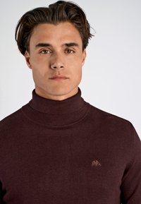 Maglione dolcevita color marrone scuro in tessuto morbido con collo a coste, caratterizzato da un piccolo logo sul petto e un design aderente.