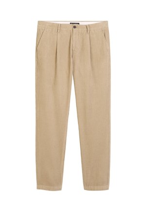 Beige corduroy broek met geplooid voorpand, twee zijzakken en een recht model. Voorzien van een knoopsluiting en riemlussen.