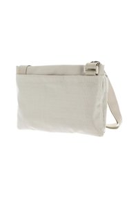 Sac à bandoulière beige en tissu texturé, présentant une forme rectangulaire simple, une sangle ajustable et un compartiment principal zippé.