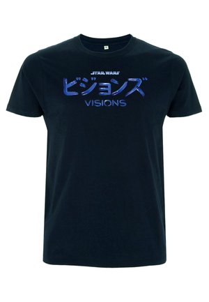 Schwarzes Baumwoll-T-Shirt mit aufgedrucktem "STAR WARS" und "ビジョンズ" in blauer und weißer Schrift auf der Vorderseite. Kurze Ärmel und Rundhalsausschnitt.