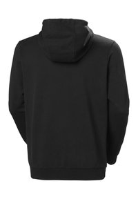 Sudadera de algodón negra con un bolsillo canguro y puños acanalados. Cuenta con una capucha con cordón y una textura suave. La vista posterior muestra un diseño sencillo.