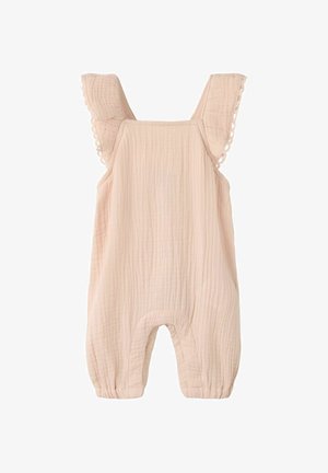 Pehmeä vaaleanpunainen hihaton vauvan haalari, jossa on röyhelöiset olkahihnat ja kuminauhoitetut lahkeet, valmistettu teksturoidusta kankaasta.