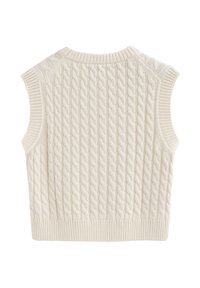 Ärmelloser Strickpullover in Creme mit einem strukturierten Muster, geripptem Saum und Schultern mit einer glatten Oberfläche.