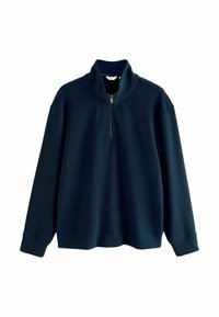 Hanorac zip-up de culoare bleumarin închis, fabricat dintr-un material moale și elastic. Are un guler înalt, croială relaxată și manșete ribbate la mâneci.