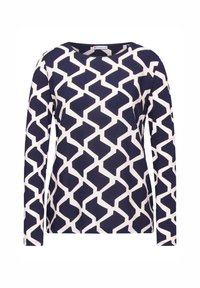 Bluzka z długim rękawem w granatowym kolorze z kremowym geometrycznym wzorem. Wykonana z miękkiego materiału, z okrągłym dekoltem i luźnym krojem.
