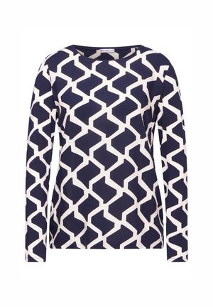 Maglietta a maniche lunghe di colore blu navy con un motivo geometrico crema. Realizzata in tessuto morbido, con scollatura tonda e vestibilità rilassata.