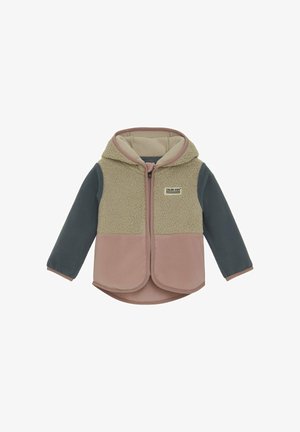 Fleecejacke mit beigem Körper, rosa Akzenten und dunkelgrünen Ärmeln. Verfügt über eine Kapuze und einen Frontreißverschluss mit einem Logo-Etikett.