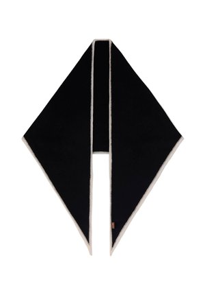 Schwarzes dreieckiges Halstuch mit hellbeigem Randbesatz, flach gefaltet mit zwei spitzen Enden, die nach unten hängen.