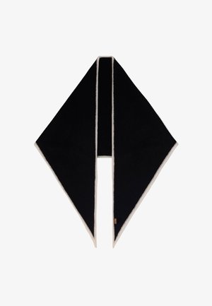Foulard triangulaire noir avec une bordure beige clair le long des bords, plié à plat avec deux extrémités pointues pendantes.