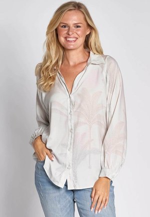 Light grey button-up shirt with palm leaf print; features long sleeves, a soft fabric texture, and a relaxed fit.