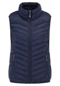 Marineblauw donsbodywarmer met een hoge kraag, voorzien van een ritssluiting aan de voorkant, twee zijzakken met rits en een chevron-stiksel.
