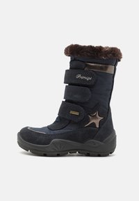 Navy waterproof winter boot with faux fur collar, two velcro straps, star detail, and textured rubber sole for traction.
