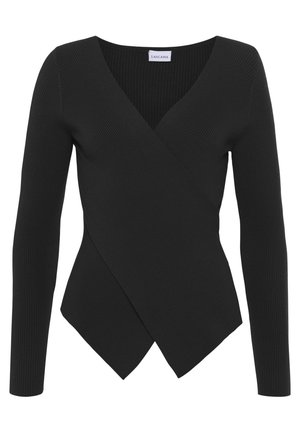 Haut en maille noir à manches longues avec un design portefeuille et un col en V, avec un ourlet asymétrique.